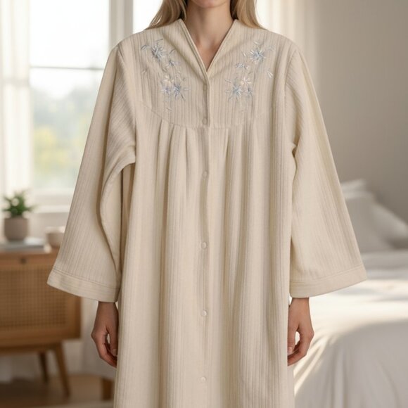 Vintage Womans Lovely House Dress Cream Embroidered Button-Up - Picture 8 of 15